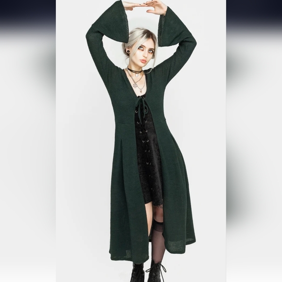 Xana Textured Tie Front Long Cardigan - Green - Picture 3 of 7